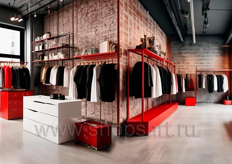 Дизайн интерьера магазина одежды торговое оборудование КРАСНАЯ ЛИНИЯ